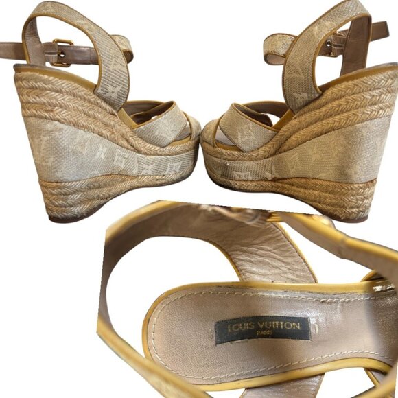 AUTHENTIC VTG. Y2K LOUIS VUITTON‎ LV CANVAS LOGO PLATFORM WEDGE SANDALS 5.5-6/36 - Picture 7 of 8